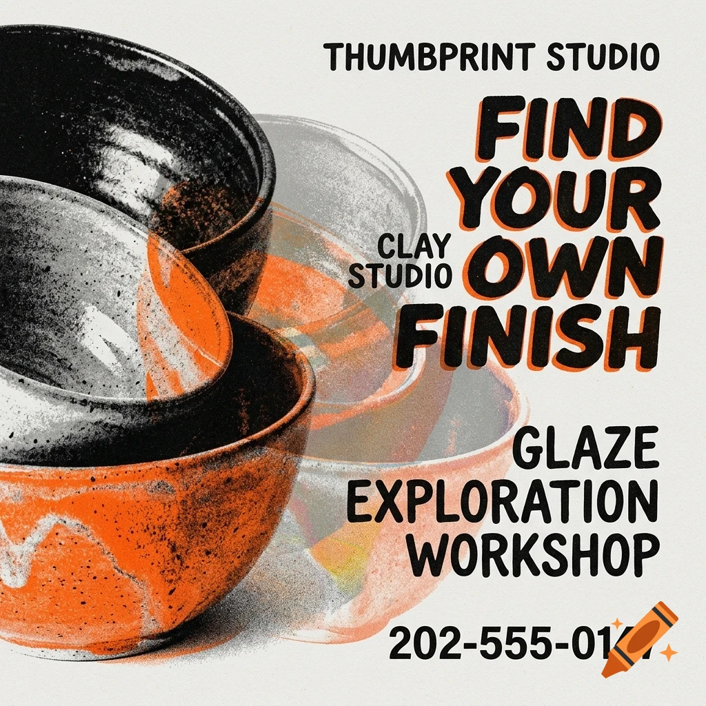 An artistic promotional graphic for a clay studio workshop featuring overlapping ceramic bowls and text that reads FIND YOUR OWN FINISH.