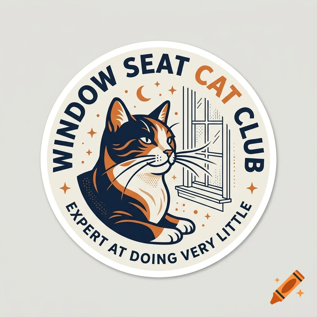 A round sticker featuring a calico cat sitting by a window with the text Window Seat Cat Club and Expert at doing very little.