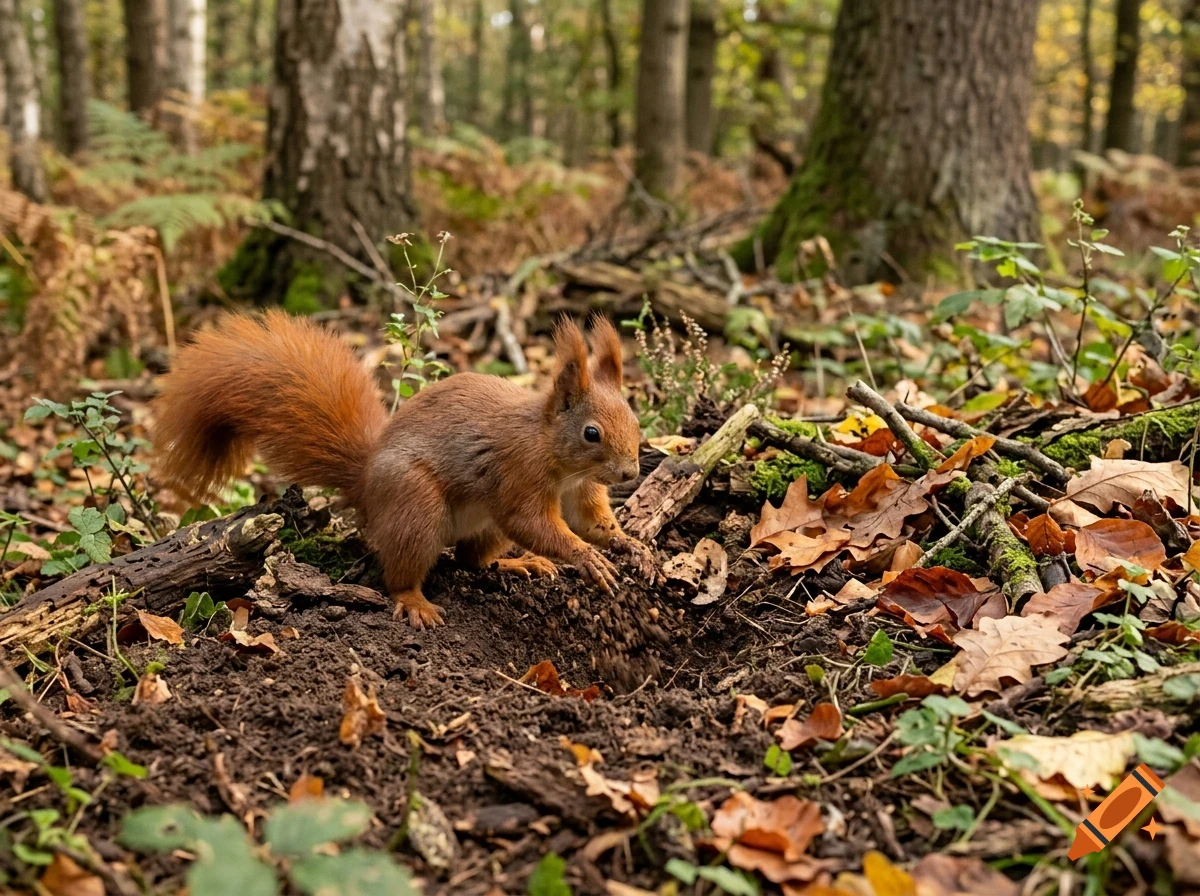 A red squirrel digging in the soil amidst fallen autumn leaves in a forest.