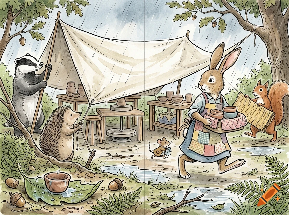 An illustrated watercolor scene showing anthropomorphic animals including a rabbit carrying pottery, a badger, hedgehog, squirrel, and mouse setting up a tent in the rain.