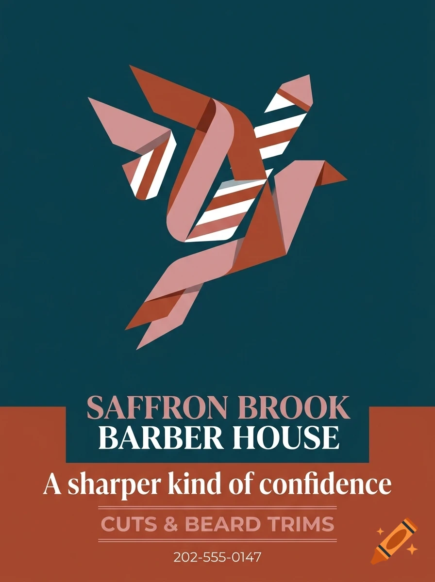A poster for Saffron Brook Barber House featuring an origami-style bird graphic and text against a dark teal and rust background.