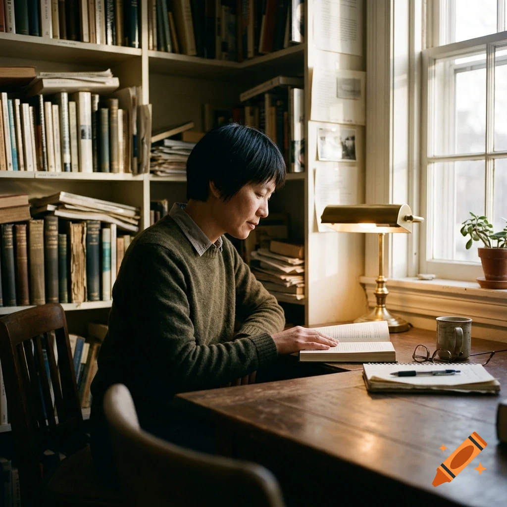 A person with dark hair wearing a green sweater sits at a wooden desk reading a book in a library or study room next to a window and bookshelves.