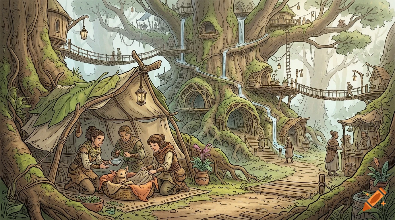 An illustrated fantasy village built within a giant ancient tree, with people gathering near a tent and pathways.