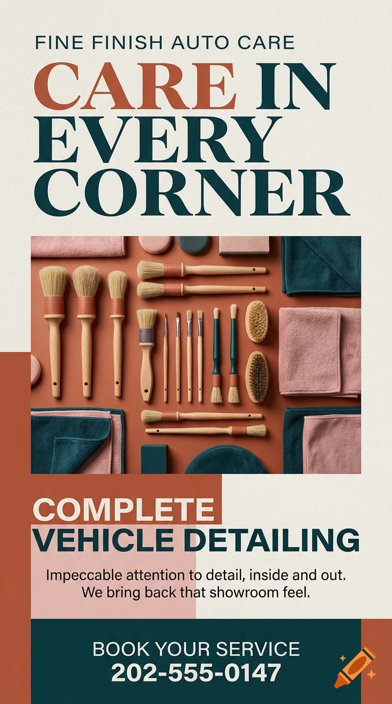 An advertisement for Fine Finish Auto Care featuring car detailing brushes and microfiber cloths, with text reading Care in every corner and Complete vehicle detailing.
