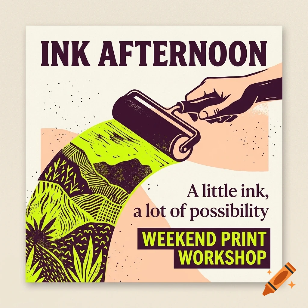 A graphic illustration of a hand using a printmaking roller to apply ink, with text reading INK AFTERNOON.