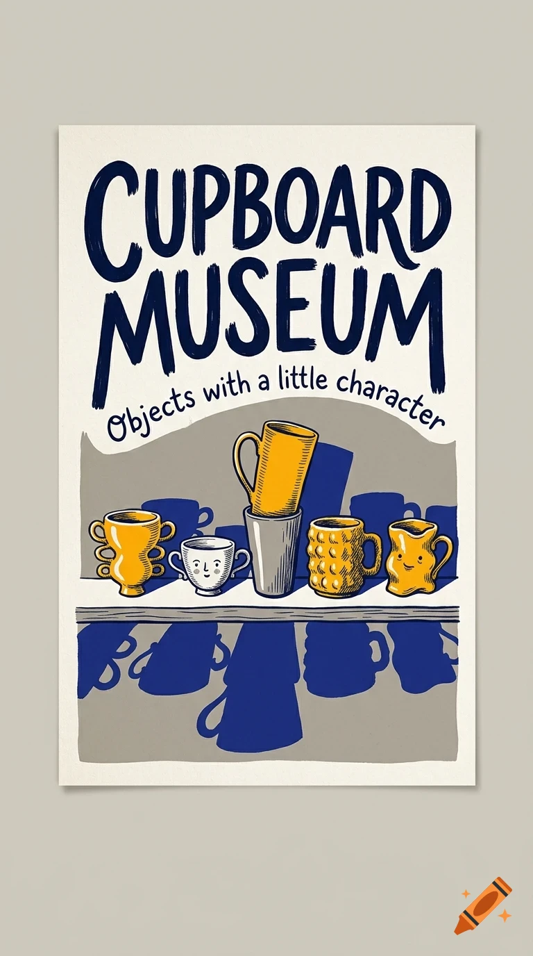 An illustrated poster titled Cupboard Museum featuring various quirky mugs and cups with faces on a shelf.