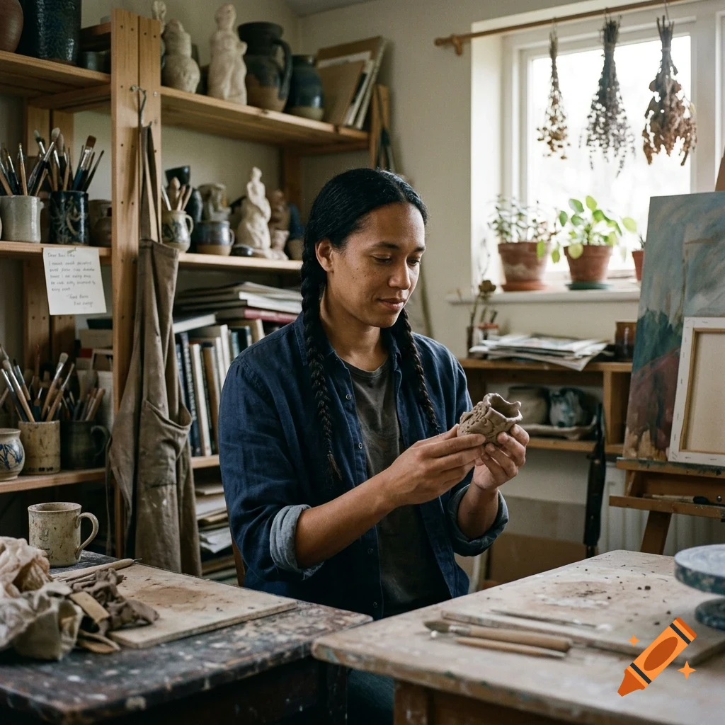 An artist with braided hair works with clay in a pottery studio.