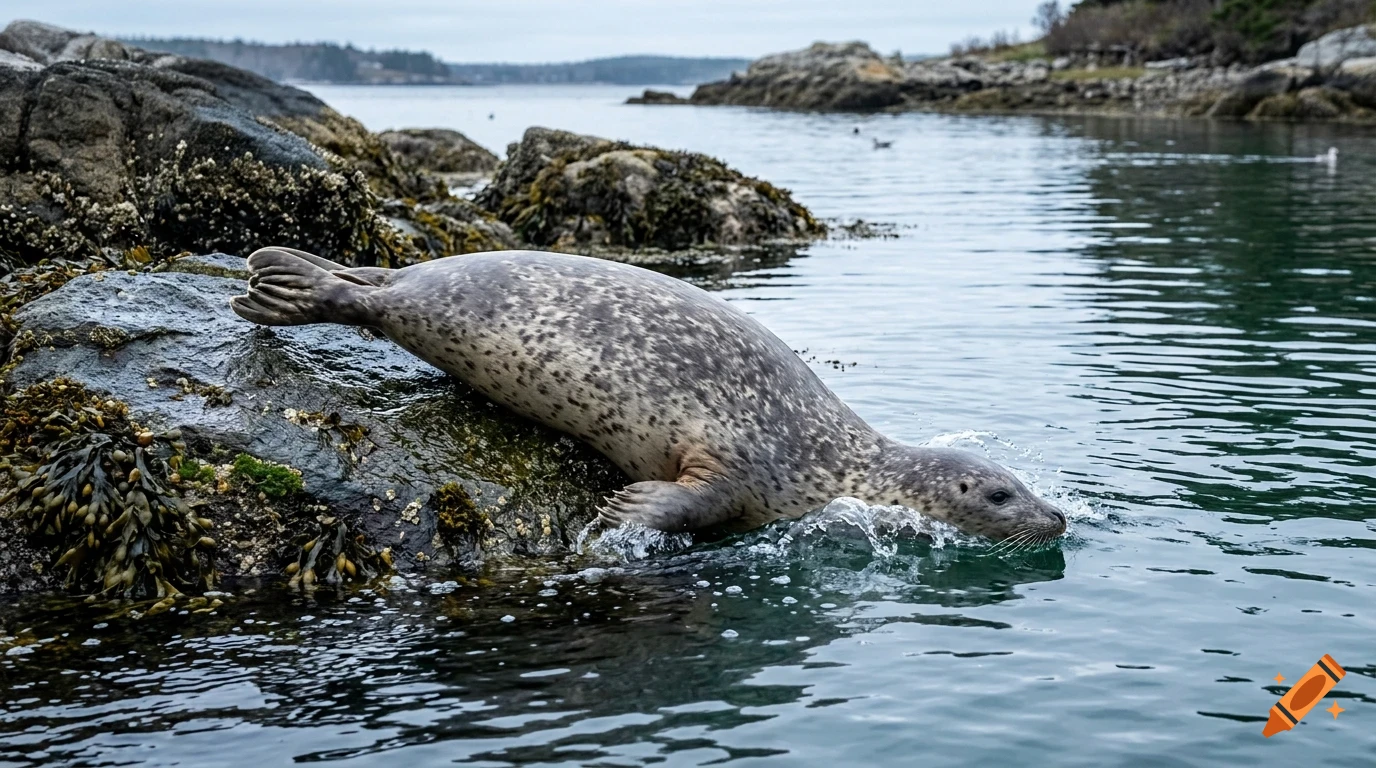 A seal slides from a rocky shore into the water.