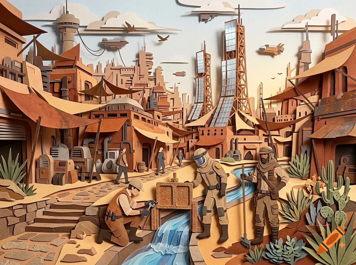 A detailed papercraft diorama of a futuristic desert city with people working near a stream, buildings, and flying craft.