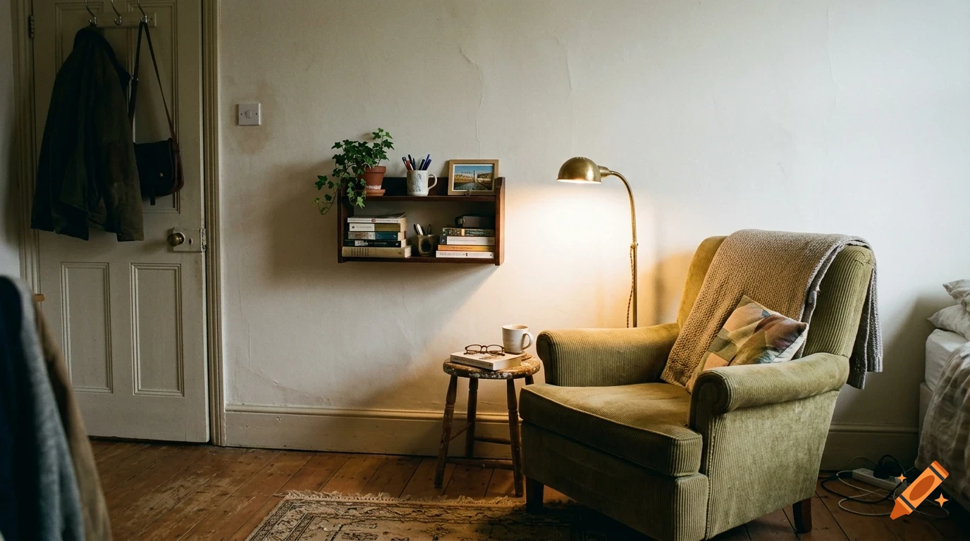 A cozy living room corner featuring a green armchair with a blanket, a small wooden shelf with books and a plant, and a floor lamp.