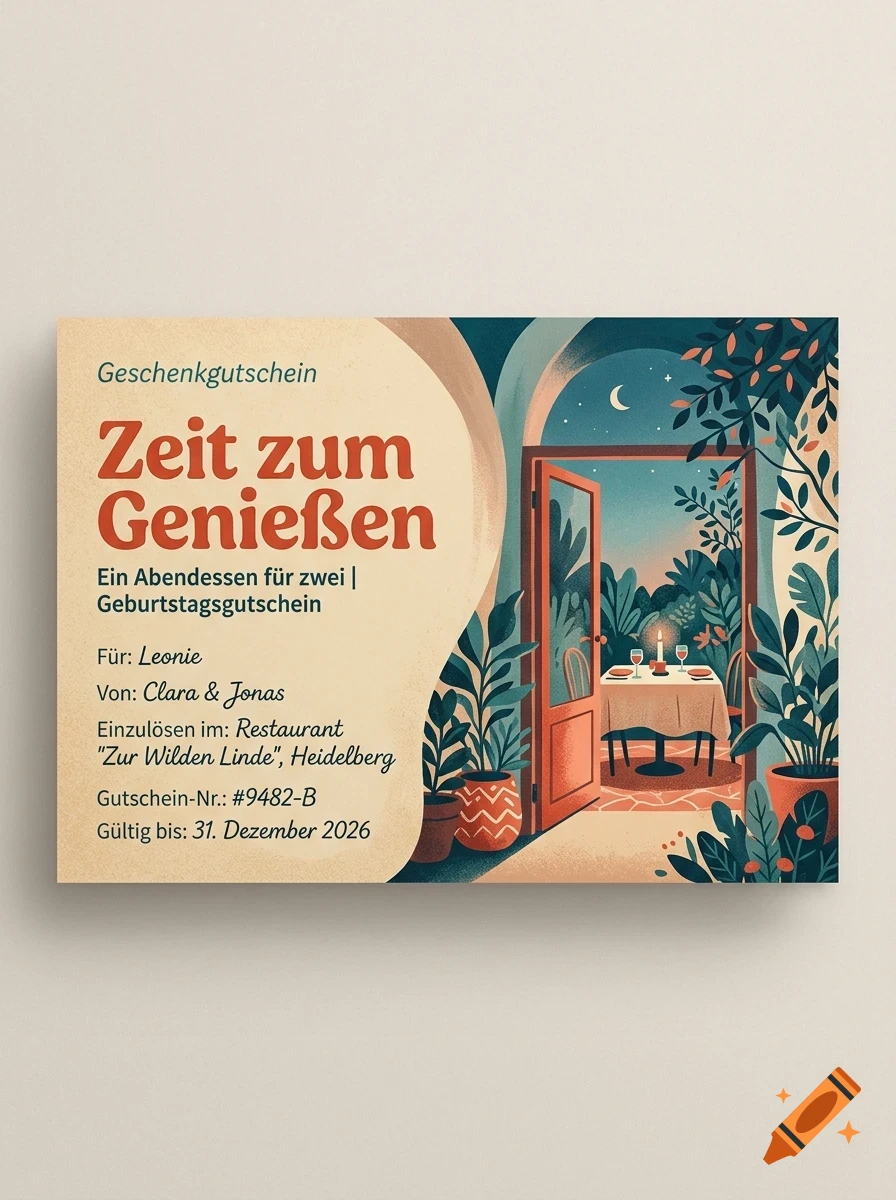 A gift voucher design with German text and an illustration of an outdoor dining table lit by a candle at night.
