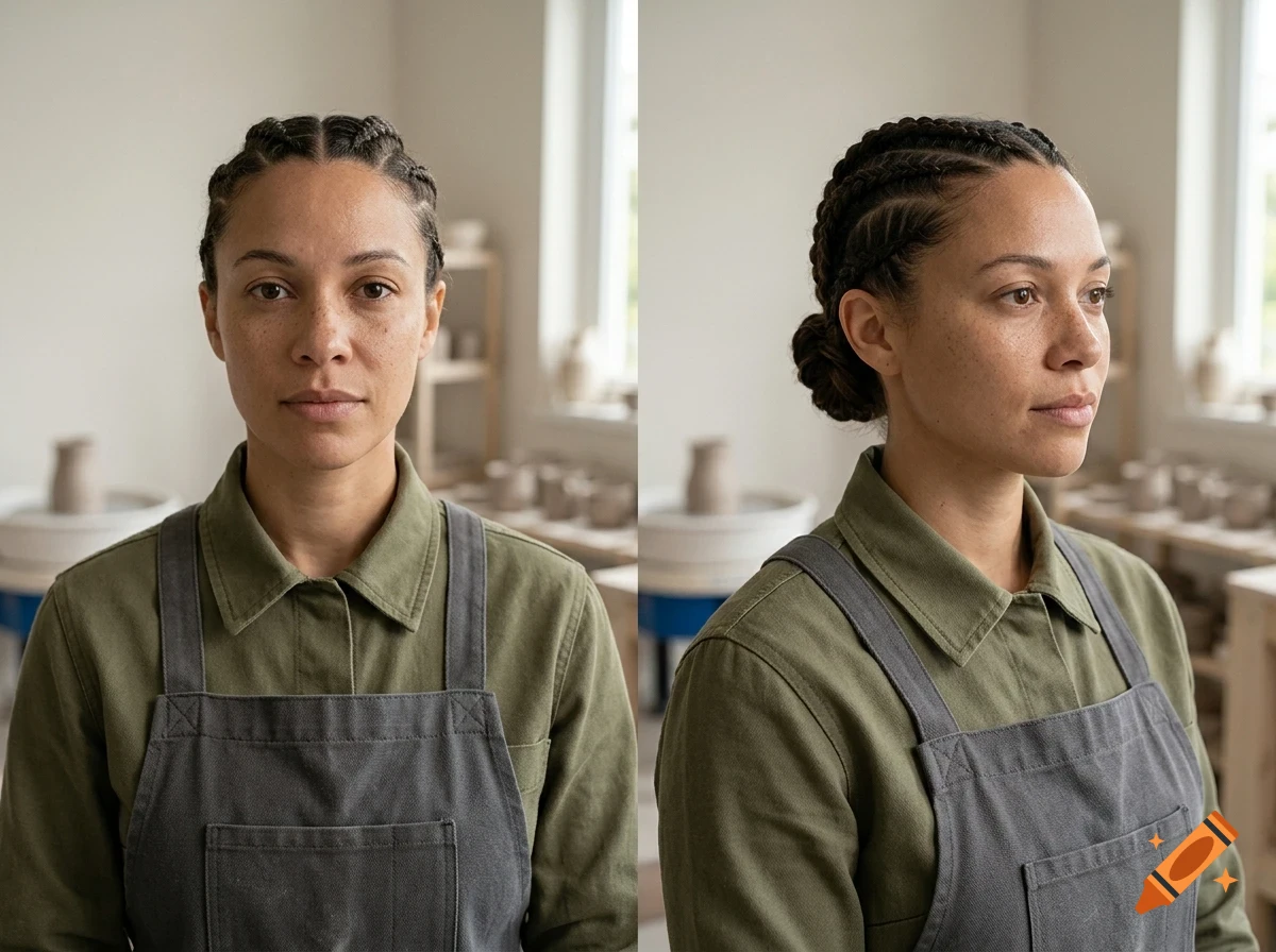 A split-view portrait of a person with braided hair wearing a green shirt and dark apron in a pottery studio.