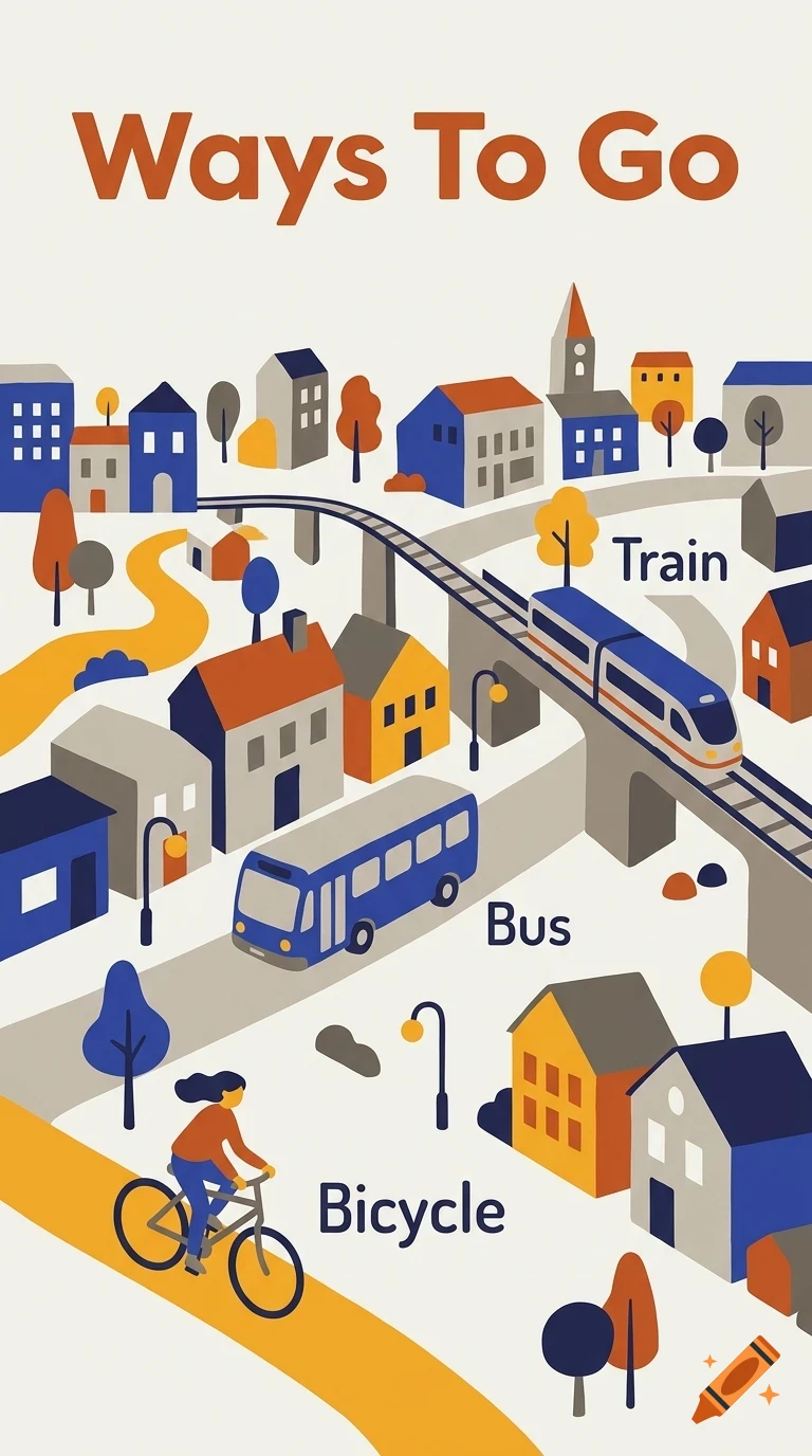 An illustrated vector graphic showing various ways to go including a bicycle, bus, and train in a city.