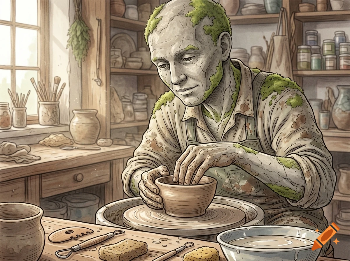 An illustration of a person with moss growing on their skin and clothing, shaping a clay pot on a pottery wheel in a workshop.