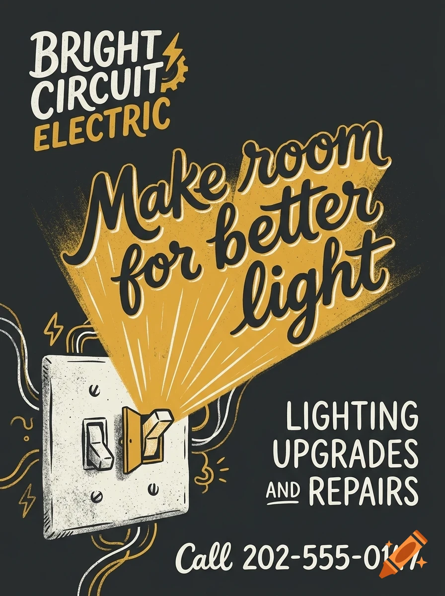 An illustration of an electric light switch casting a yellow light beam, with lettering that reads Bright Circuit Electric and Make room for better light.