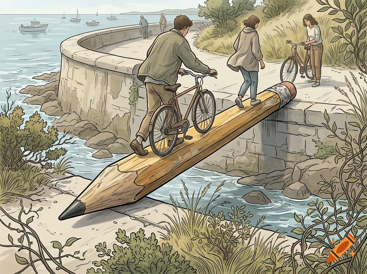 An illustrated coastal scene where people use a giant wooden pencil as a bridge over a stream, walking alongside bicycles near the ocean.