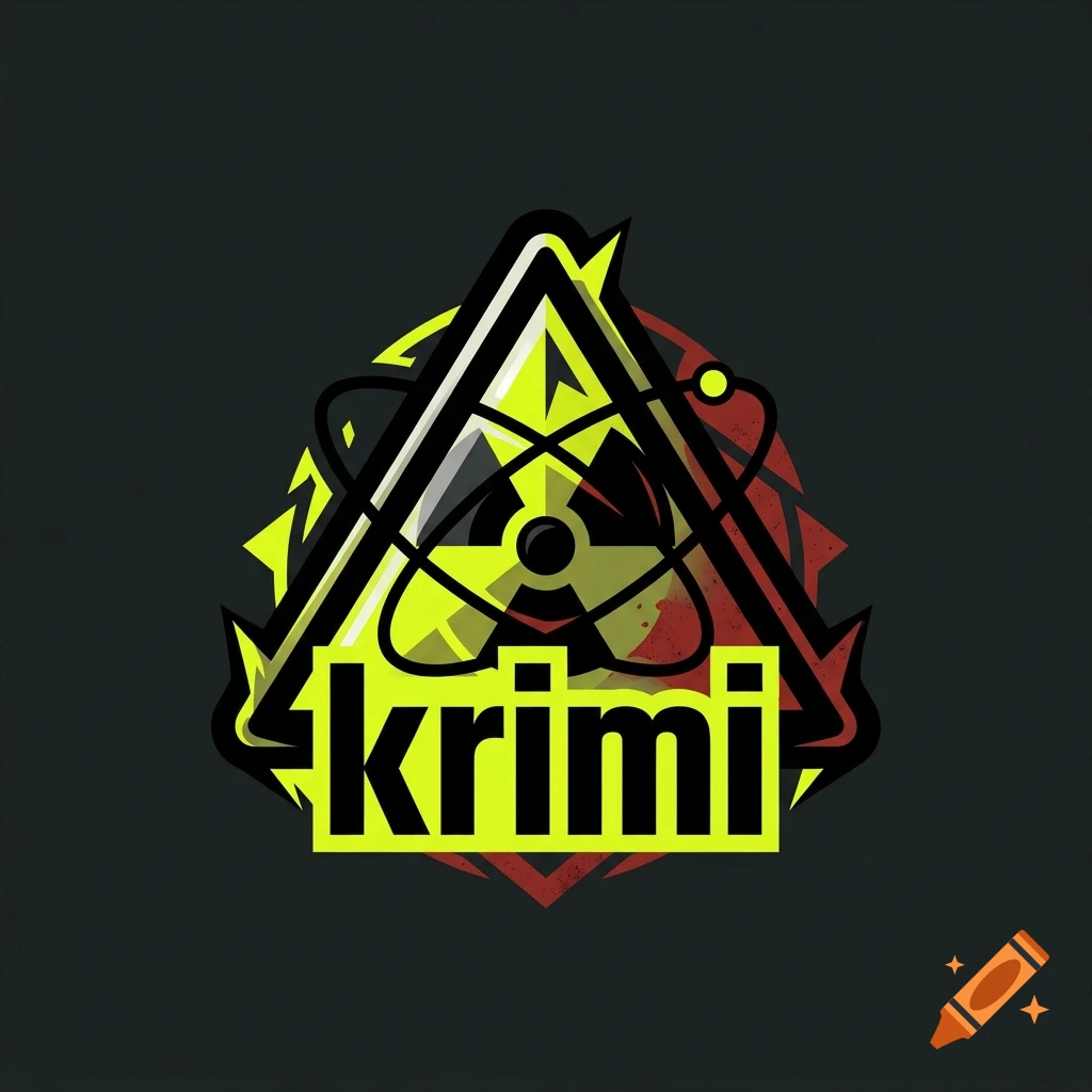 A stylized nuclear-themed logo featuring a triangle, radiation symbol, and the word 'krimi'.