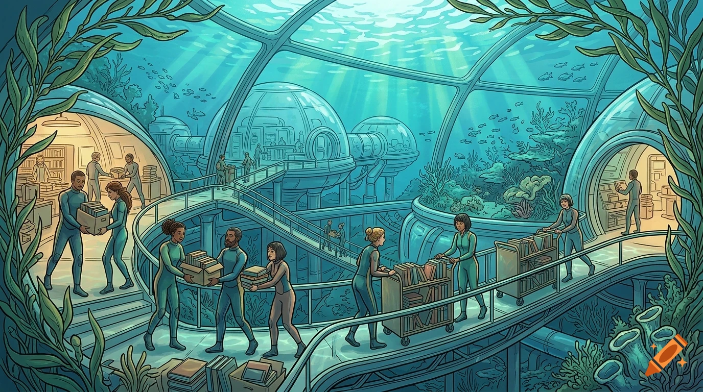 An underwater base with glass domes and corridors where people in jumpsuits are organizing and transporting books.