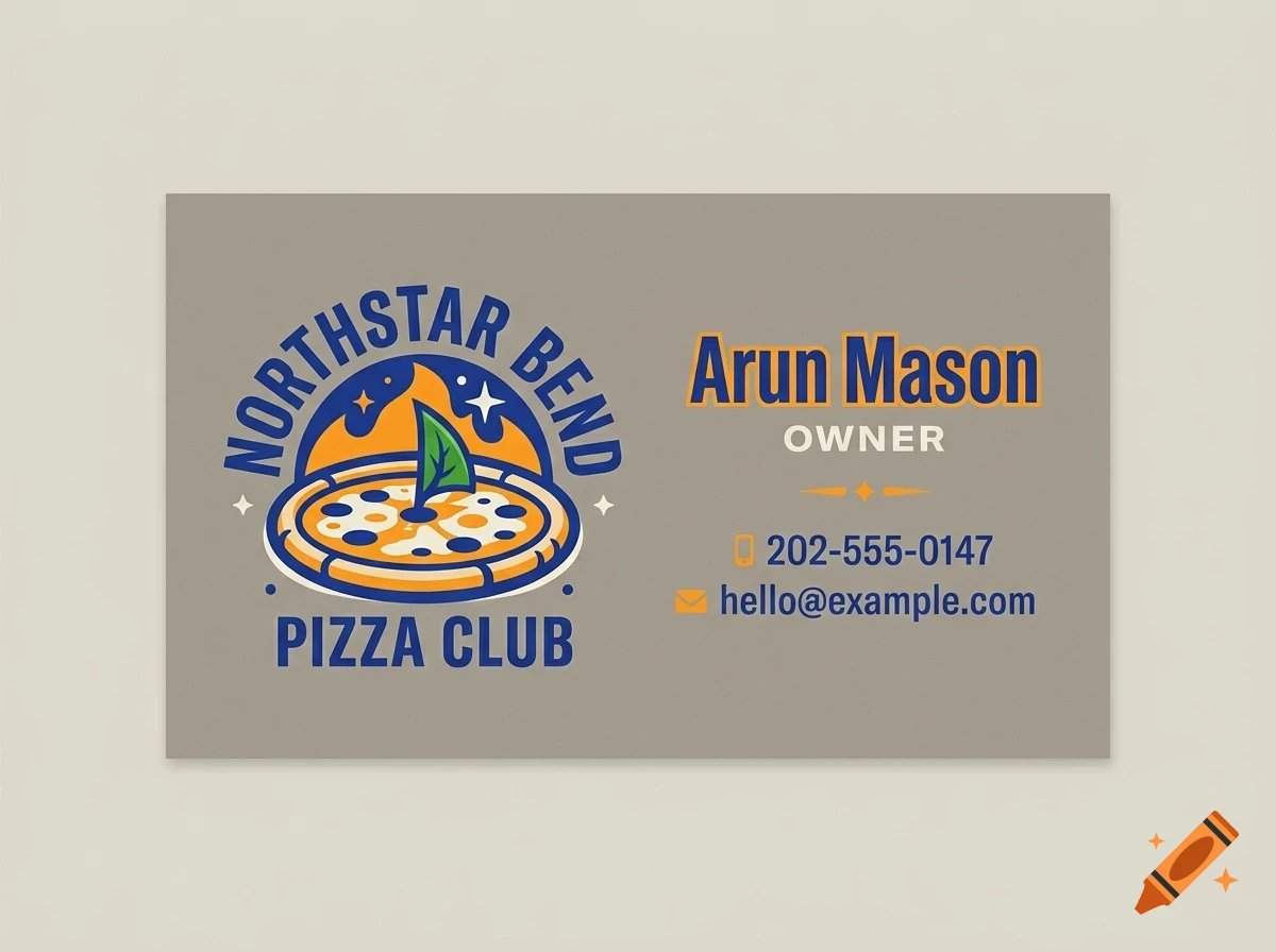 A business card design for Northstar Bend Pizza Club, featuring a pizza logo illustration and contact details for Arun Mason, Owner.