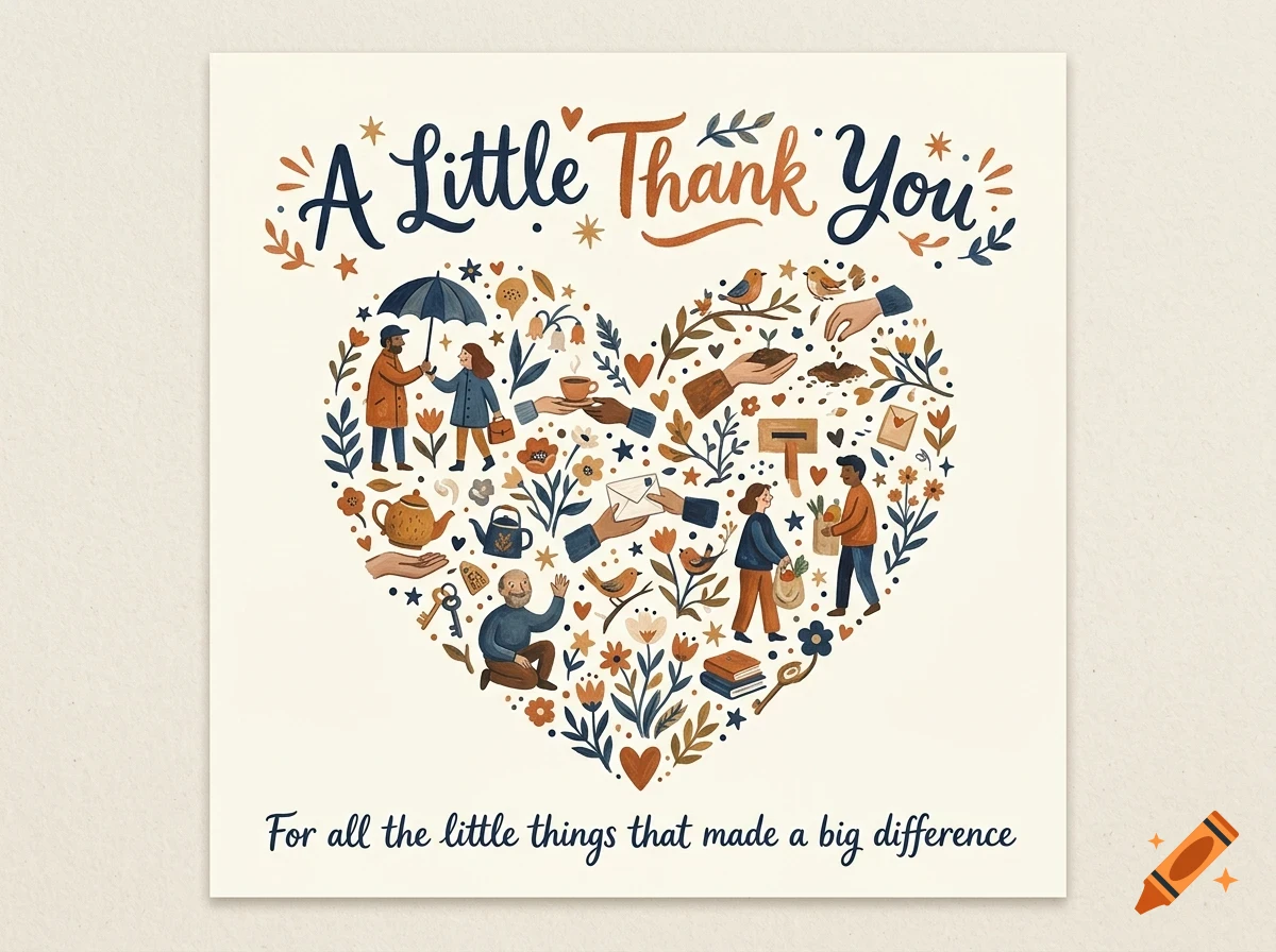 A greeting card featuring a large heart composed of small illustrated figures, hands, plants, and objects, with the text A Little Thank You.