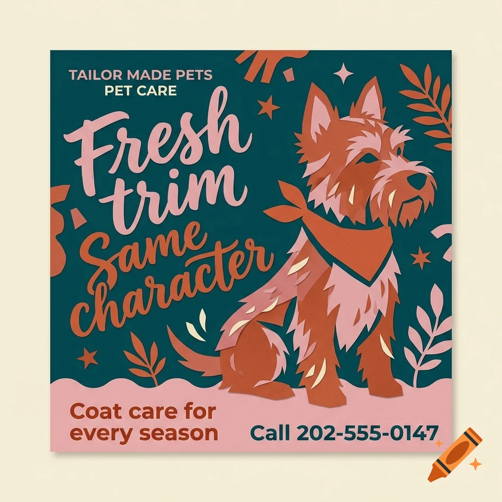 An advertisement for Tailor Made Pets Pet Care featuring a stylized illustration of a terrier dog and the text Fresh trim. Same character.