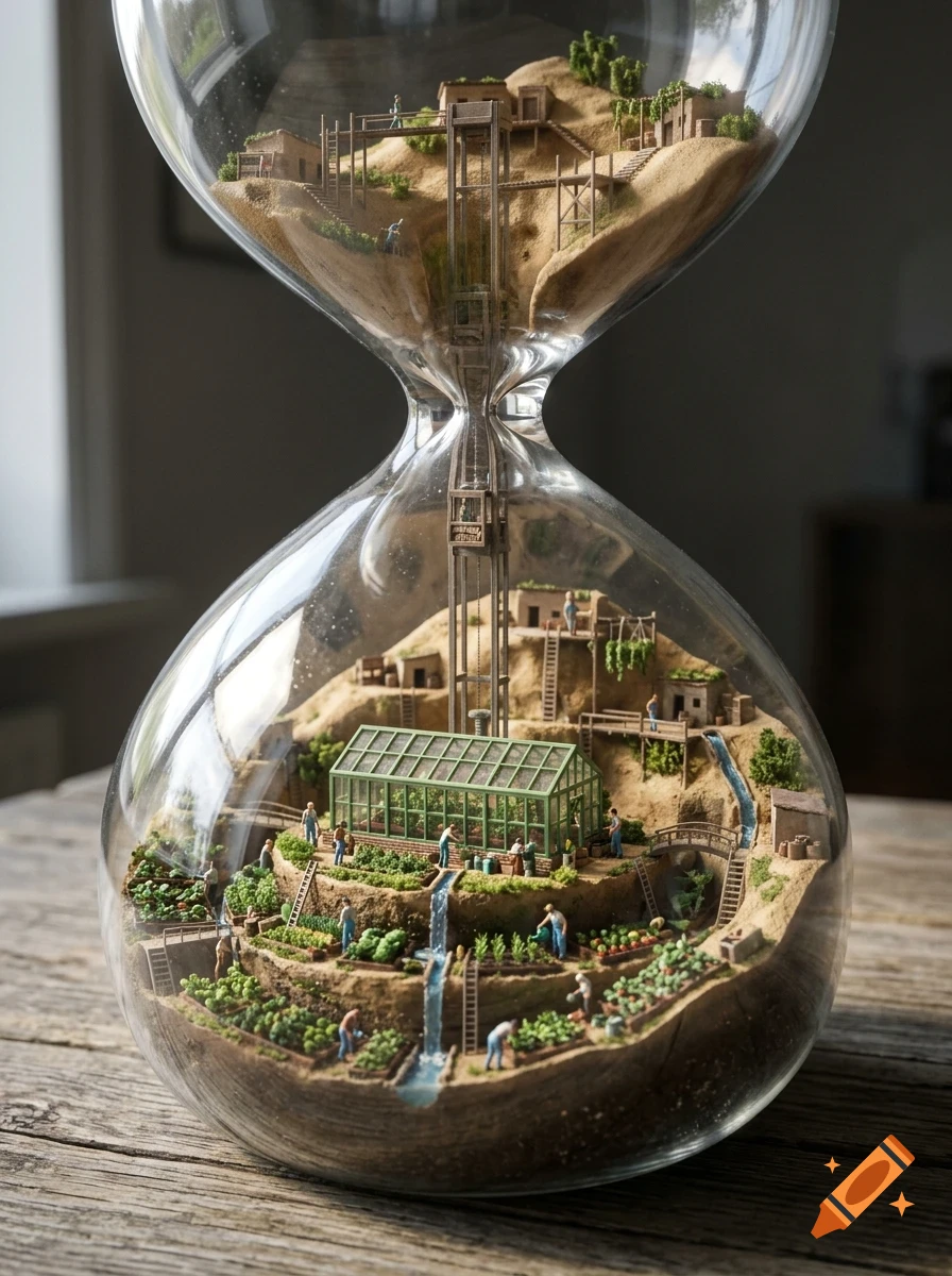 An hourglass containing a miniature landscape with a greenhouse, tiered gardens, and tiny people working inside the glass bulbs.