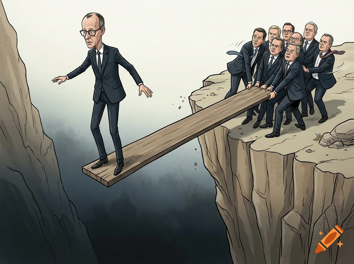 Political cartoon caricature of a politician in a suit standing on a wooden plank over a cliff, held up by other politicians.