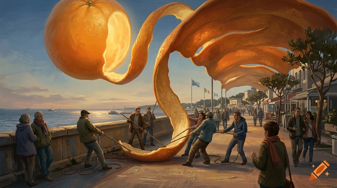 A surreal painting of people on a coastal promenade pulling on ropes to peel a giant orange hovering in the sky.