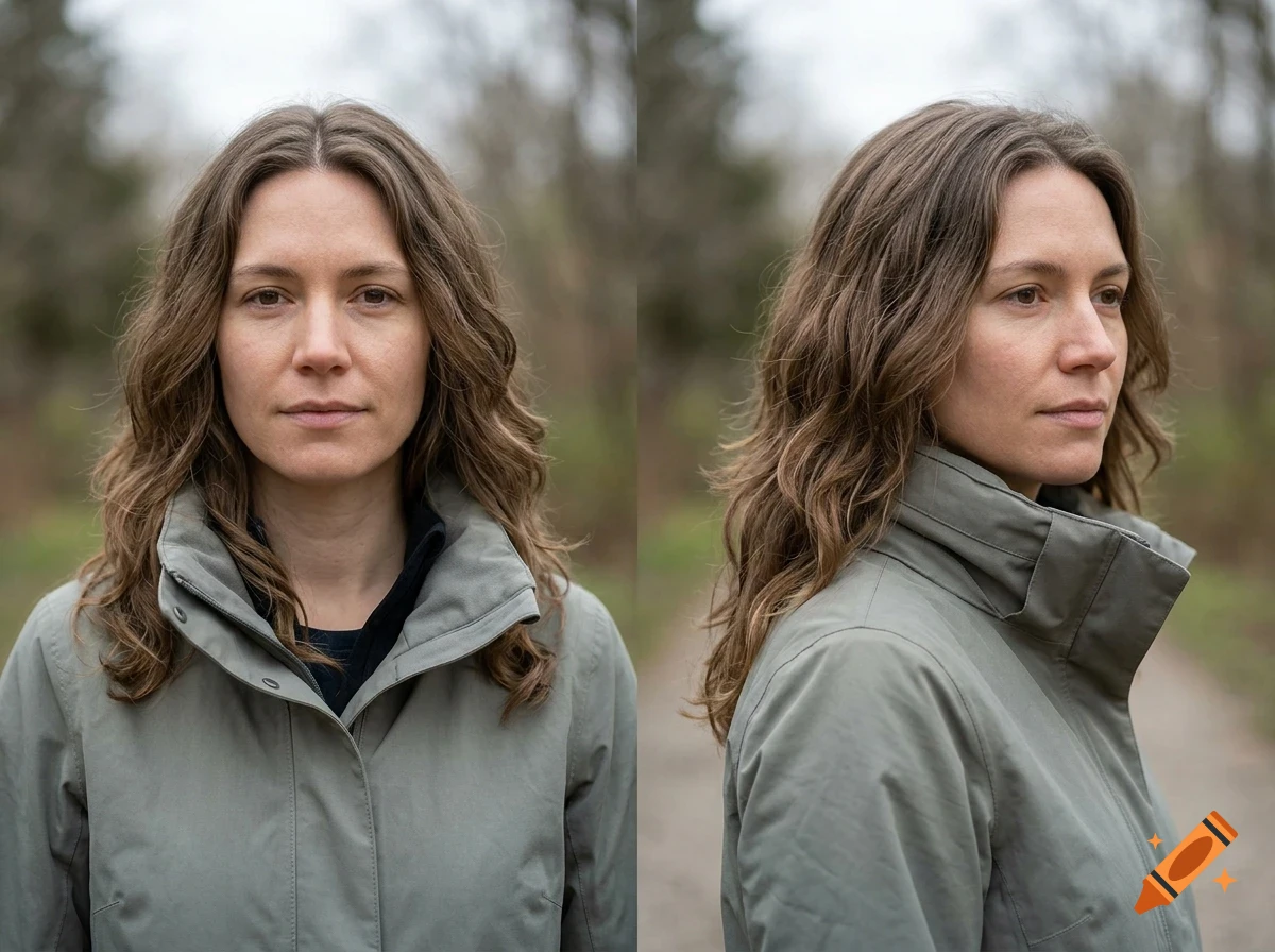 Front and three-quarter profile portraits of a woman with long wavy brown hair, wearing a grey jacket.