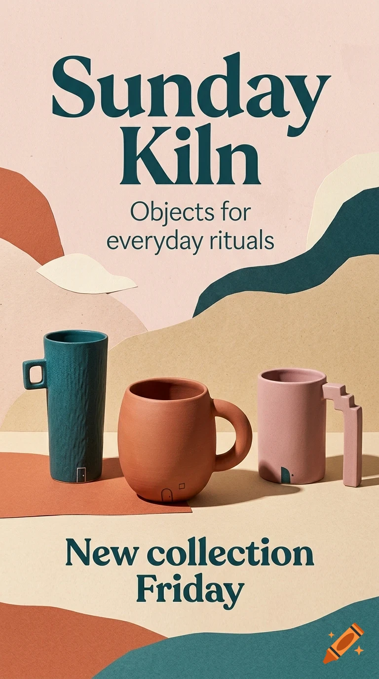 A poster featuring three ceramic mugs on a table with abstract paper cutouts in the background, accompanied by text.