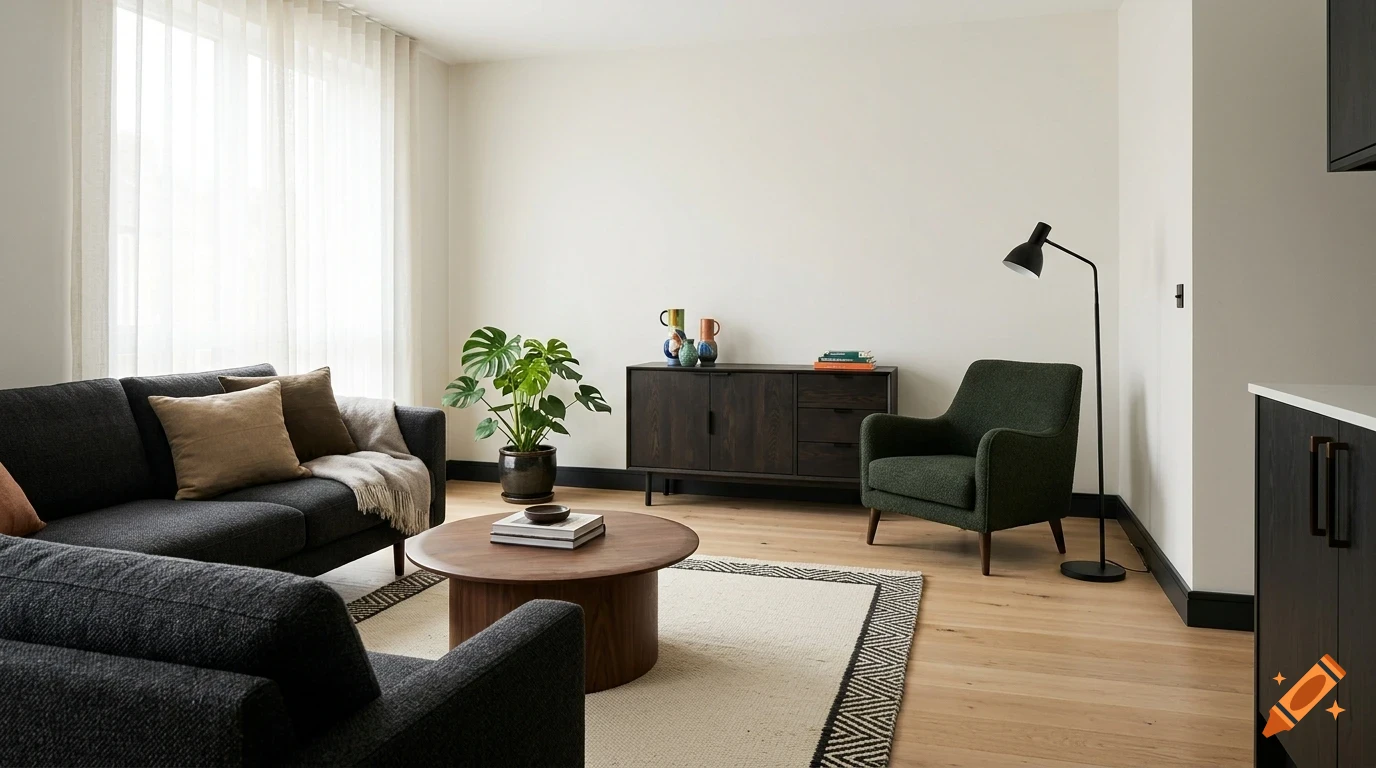 A modern living room with a dark grey sofa, a matching armchair, a wooden coffee table, a credenza, and a potted plant.
