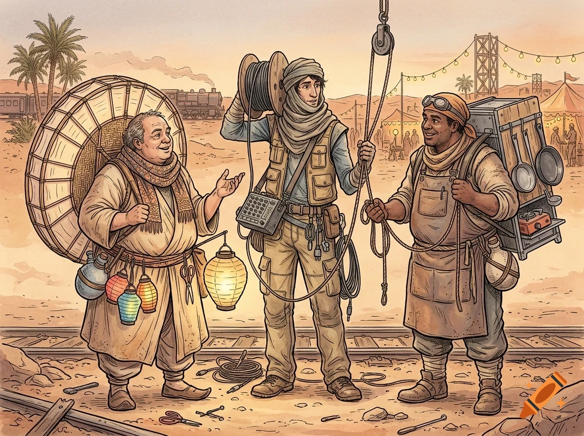 Illustration of three workers in a desert setting near railroad tracks, carrying equipment.
