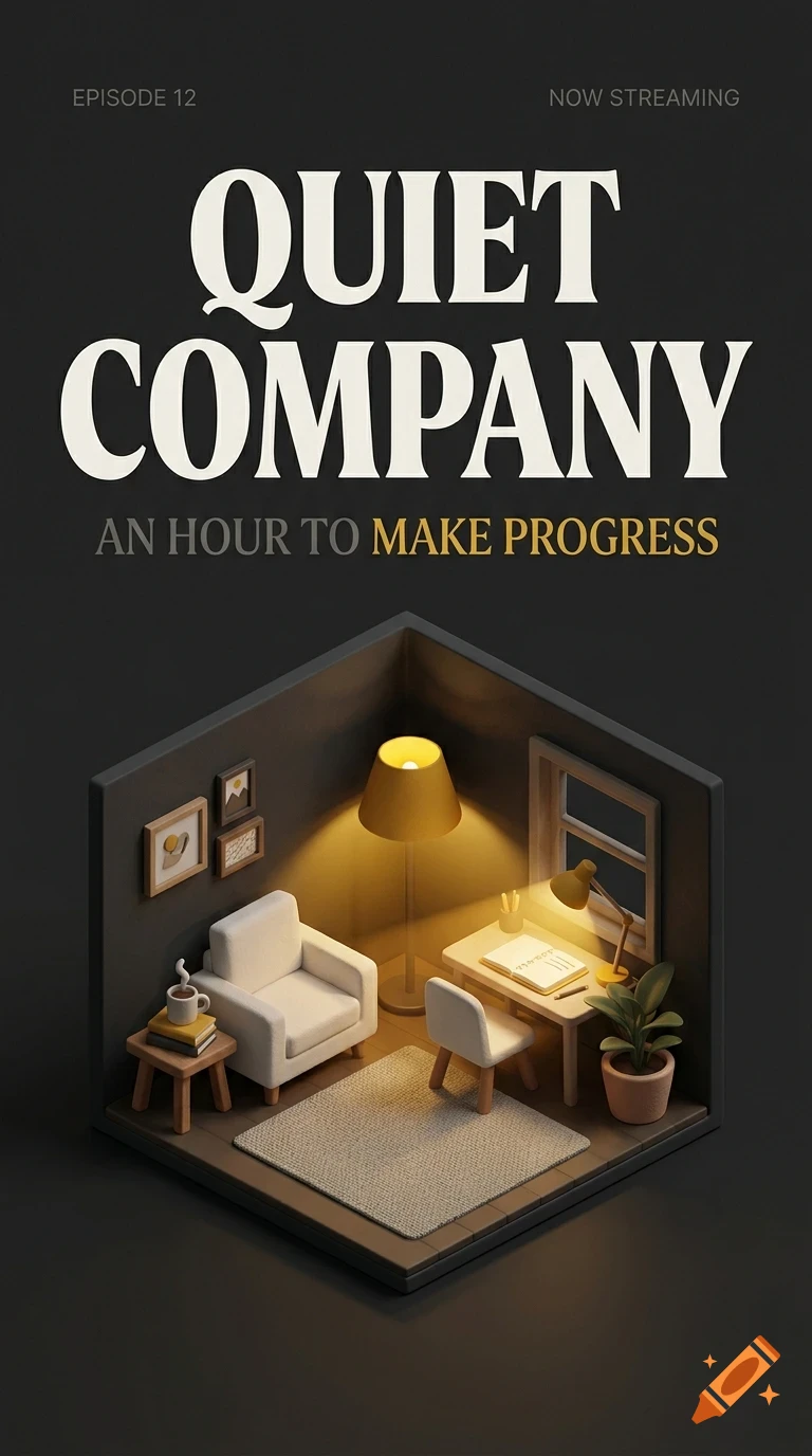 An isometric 3D illustration of a cozy room interior with an armchair, desk, lamp, and framed art, accompanied by bold text reading QUIET COMPANY.