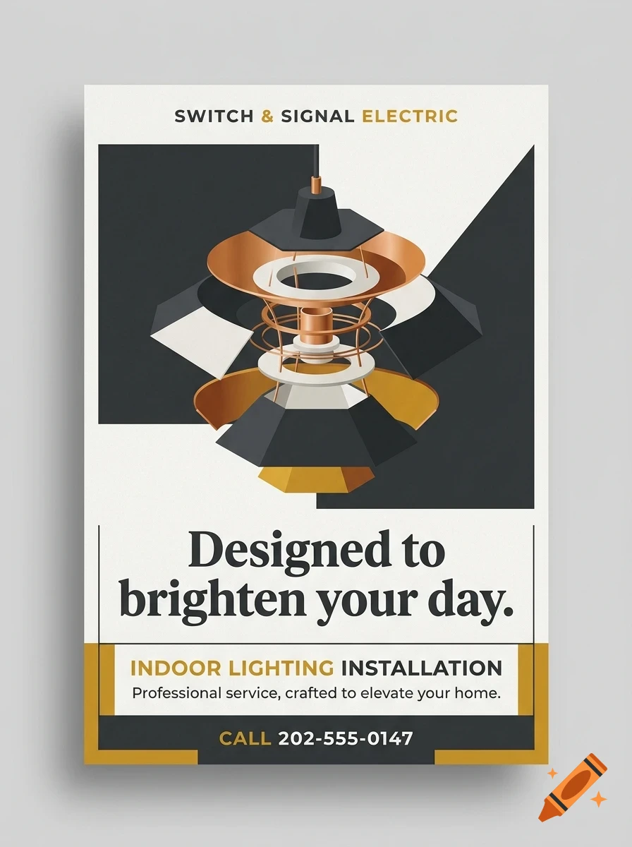 An electric service flyer with geometric lamp illustration and lettering reading Switch & Signal Electric, Designed to brighten your day.