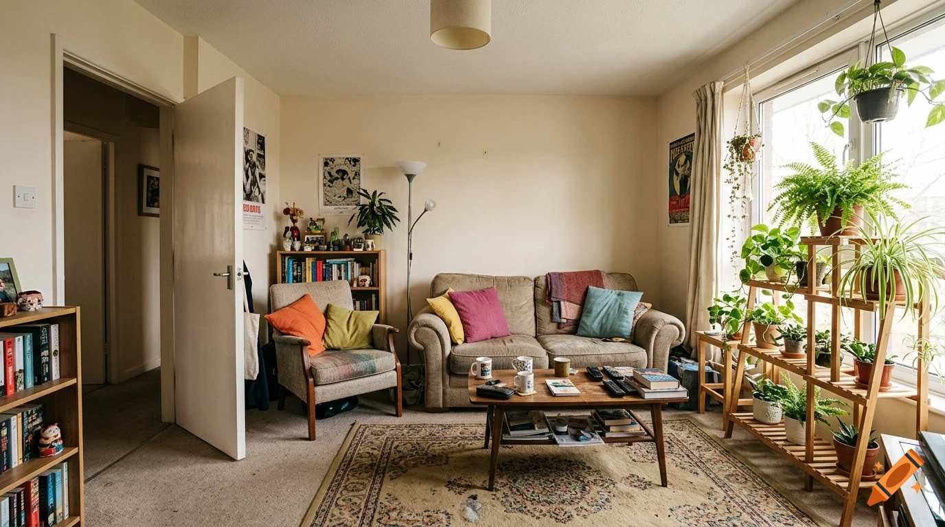 A cozy living room interior featuring a sofa, armchair, coffee table, bookshelves, and numerous potted plants.