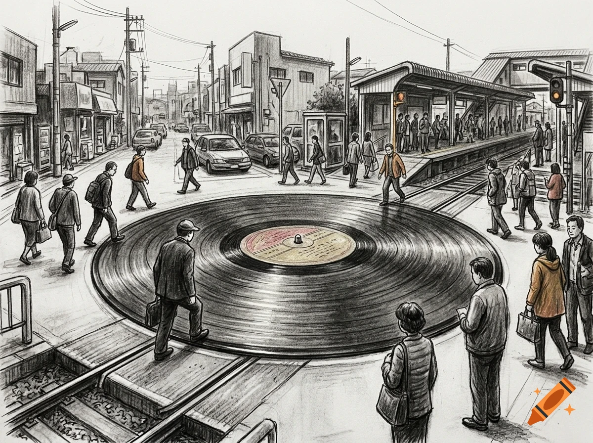A detailed pencil drawing of a city street and train station where a giant vinyl record forms a roundabout intersection, with people walking across it.