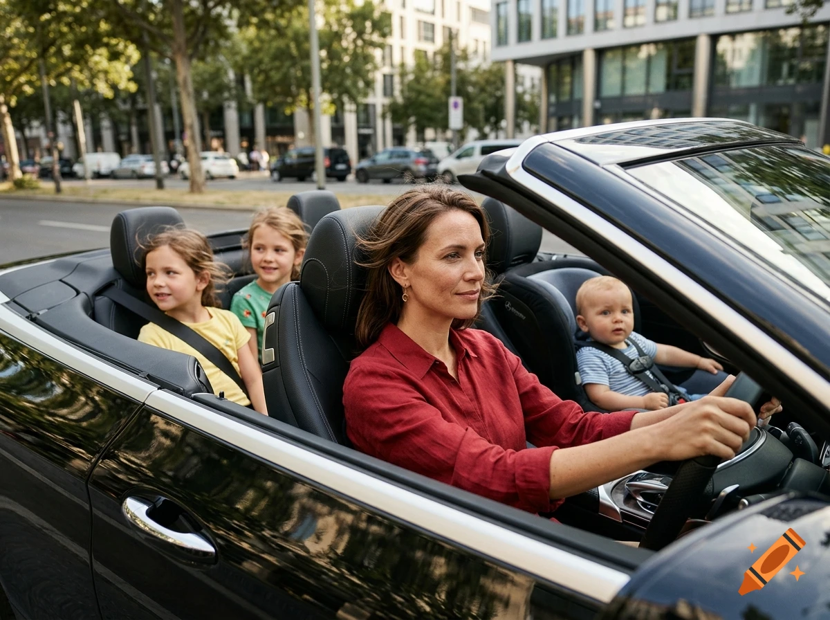Photorealistic image of a woman driving a black convertible car with her twin daughters and a baby in the back seat.