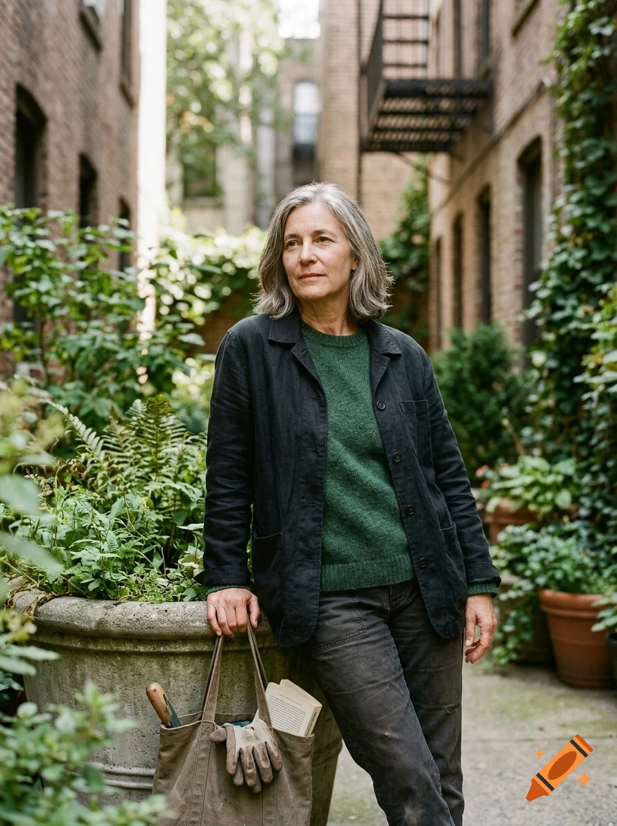 An older woman with shoulder-length gray hair stands in an alleyway flanked by brick buildings and potted plants, wearing a green sweater and dark jacket, holding a tote bag.
