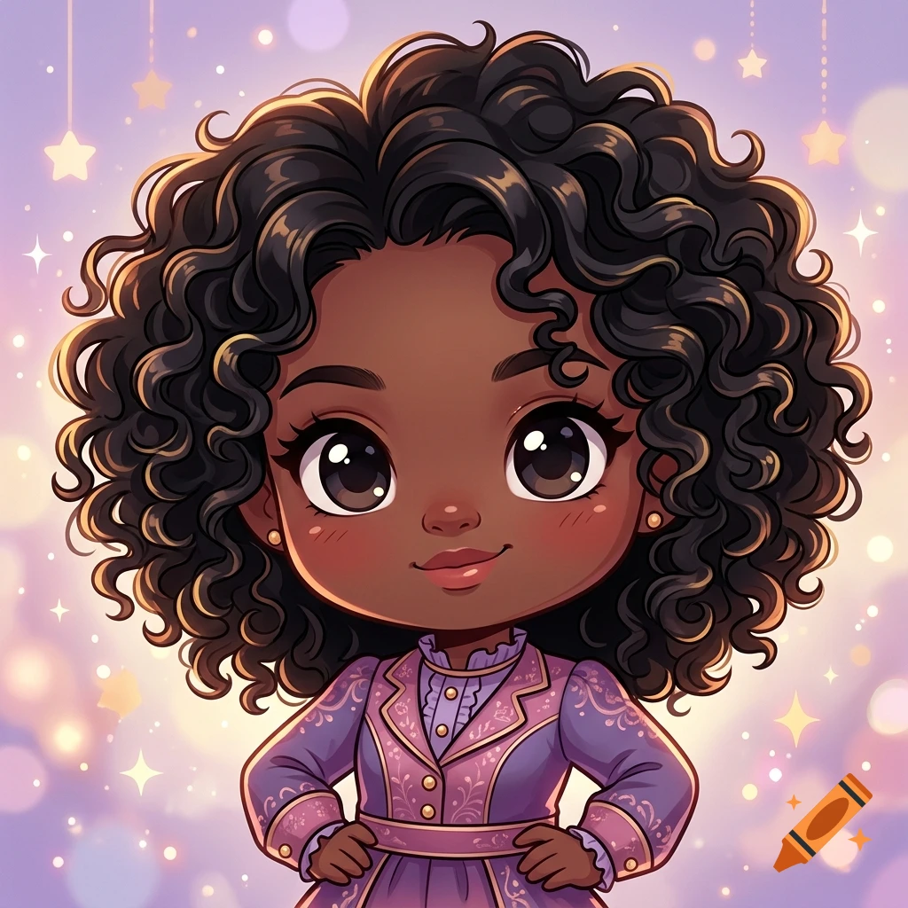 Digital illustration of a cute chibi girl with dark curly hair and a purple dress against a glowing bokeh background.
