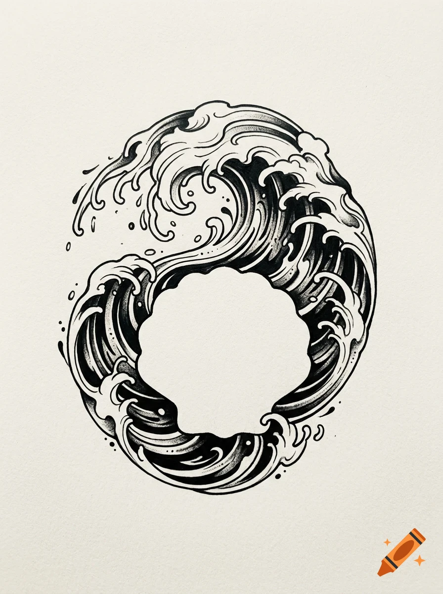A black and white ink drawing of stylized ocean waves forming an oval shape with a blank shell-shaped center.