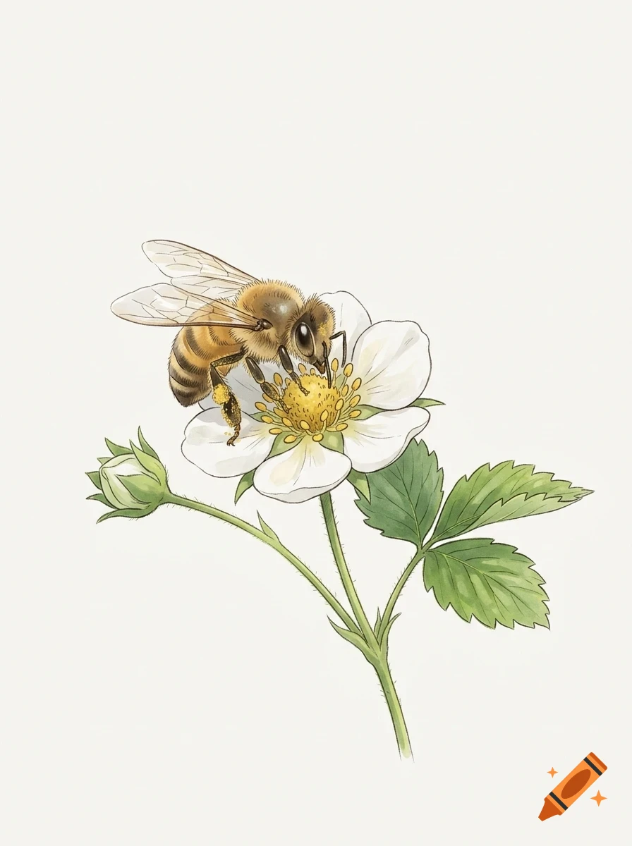 A detailed illustration of a honeybee gathering pollen on a white flower with green leaves.