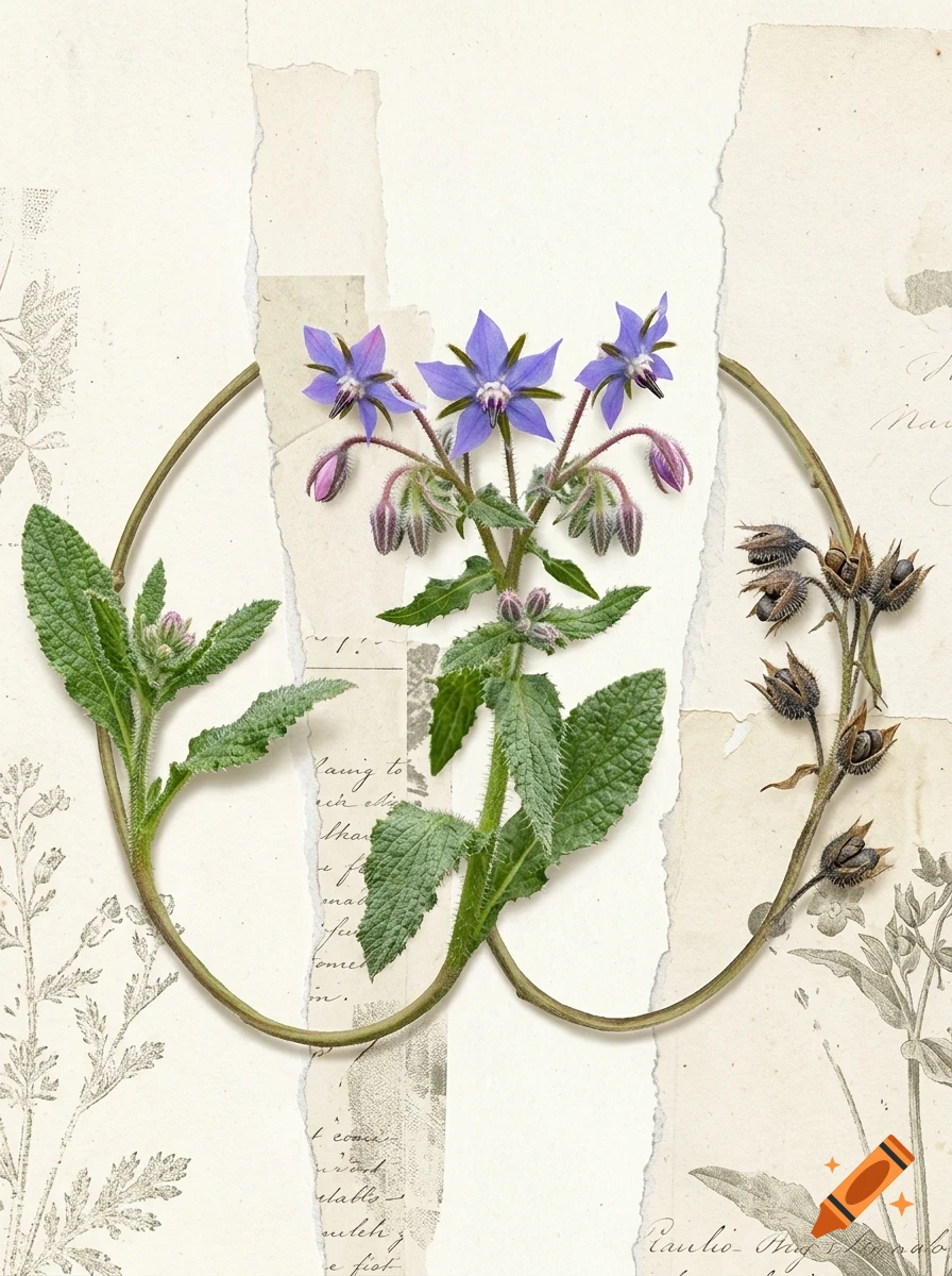 A botanical collage featuring purple borage flowers, leaves, and seed pods arranged against a backdrop of torn vintage paper.