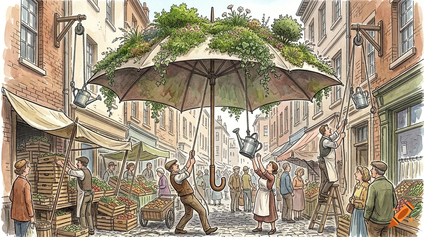 An illustrated street market scene featuring people and a giant umbrella overhead covered in plants and flowers, with watering cans suspended by pulleys.