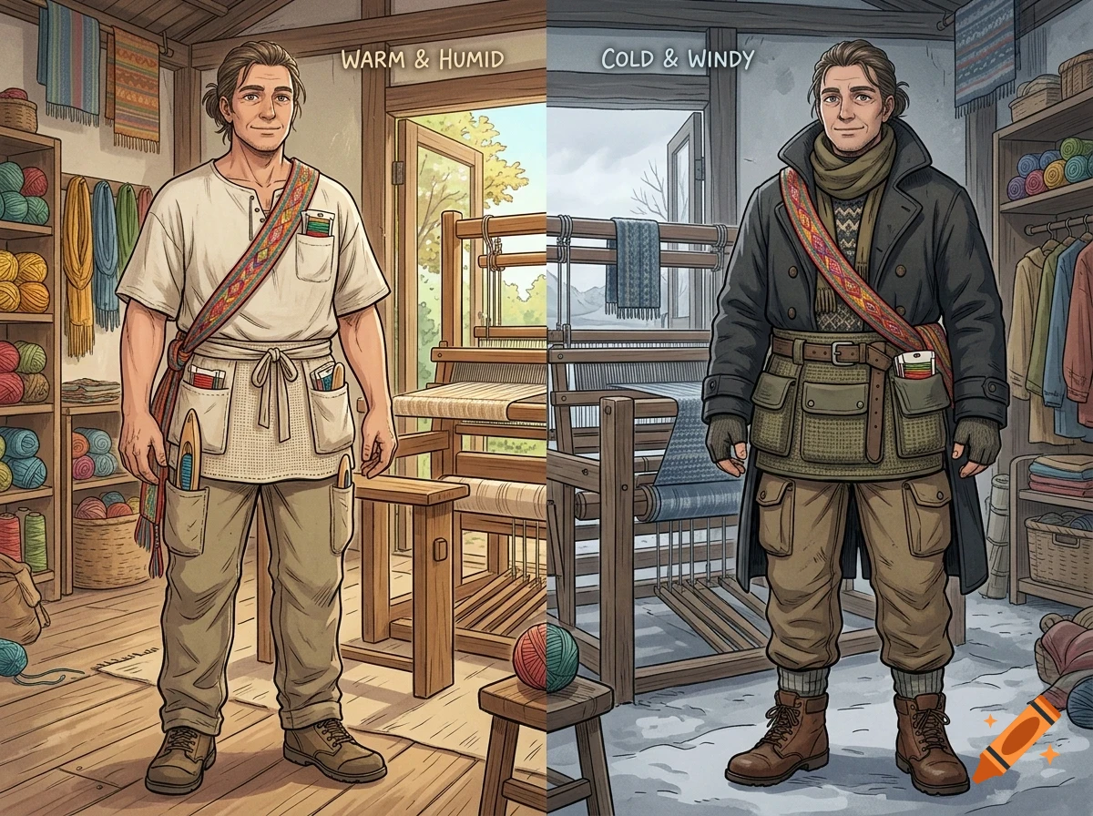 Split image showing a man in a weaving workshop, dressed for warm and humid weather on the left and cold and windy weather on the right.