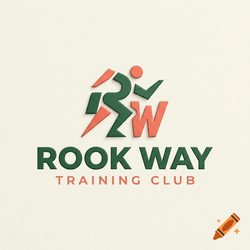 Logo for Rook Way Training Club featuring a running figure graphic in green and orange with embossed text on a light background.