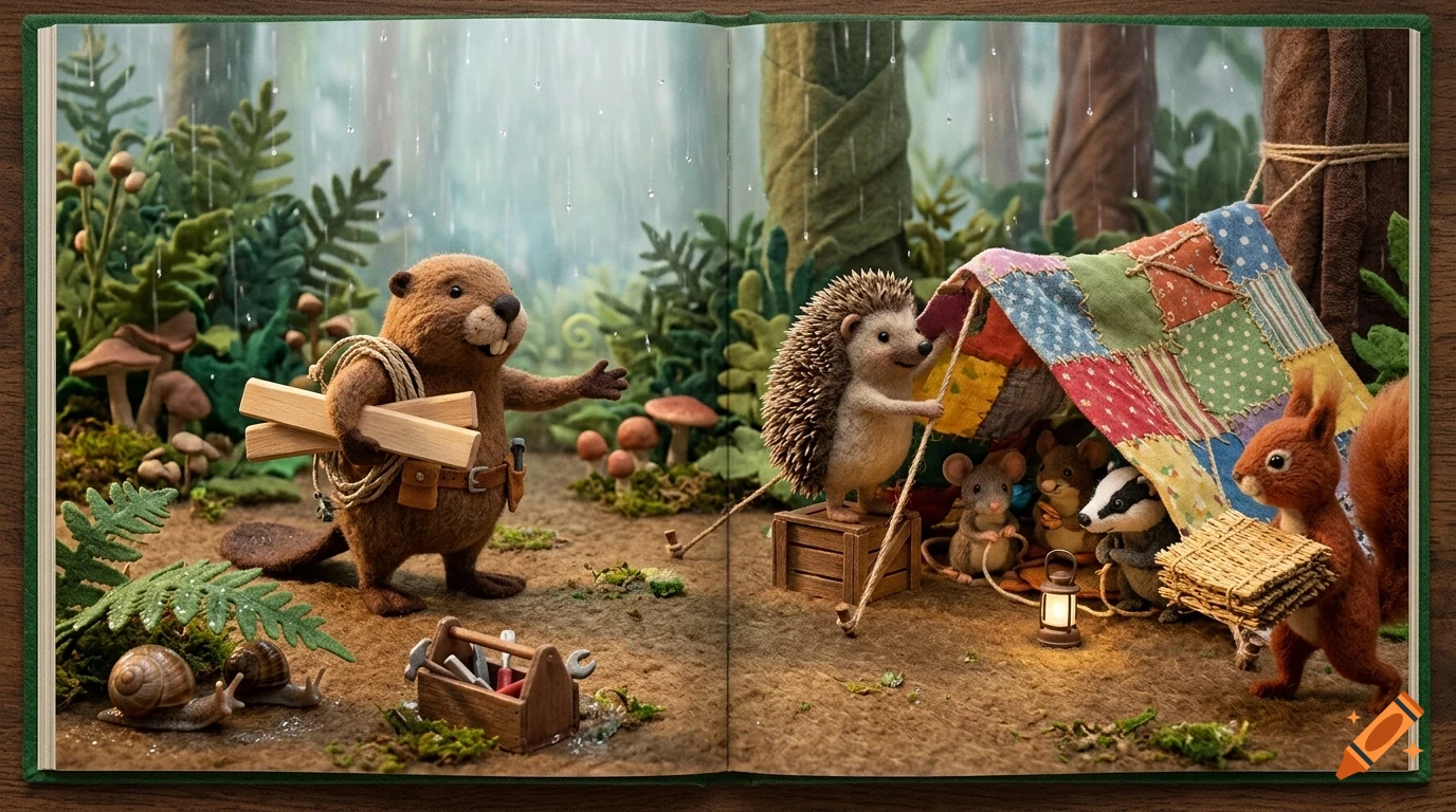 Felt crafted figurines of woodland animals building a tent in a forest during rain, shown in an open picture book.