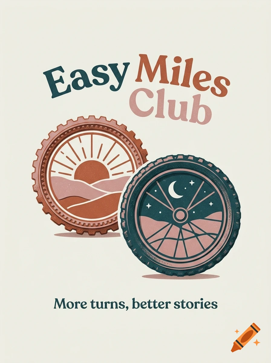 An illustration with the text Easy Miles Club and More turns, better stories featuring two circular designs with landscapes.
