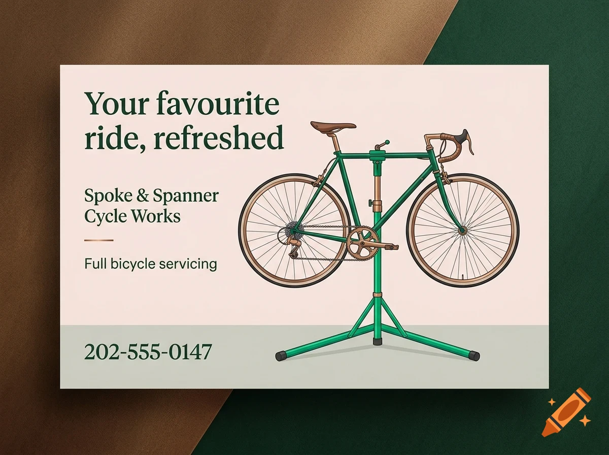 An illustrated green bicycle on a repair stand with text reading 'Your favourite ride, refreshed' and 'Spoke & Spanner Cycle Works'.