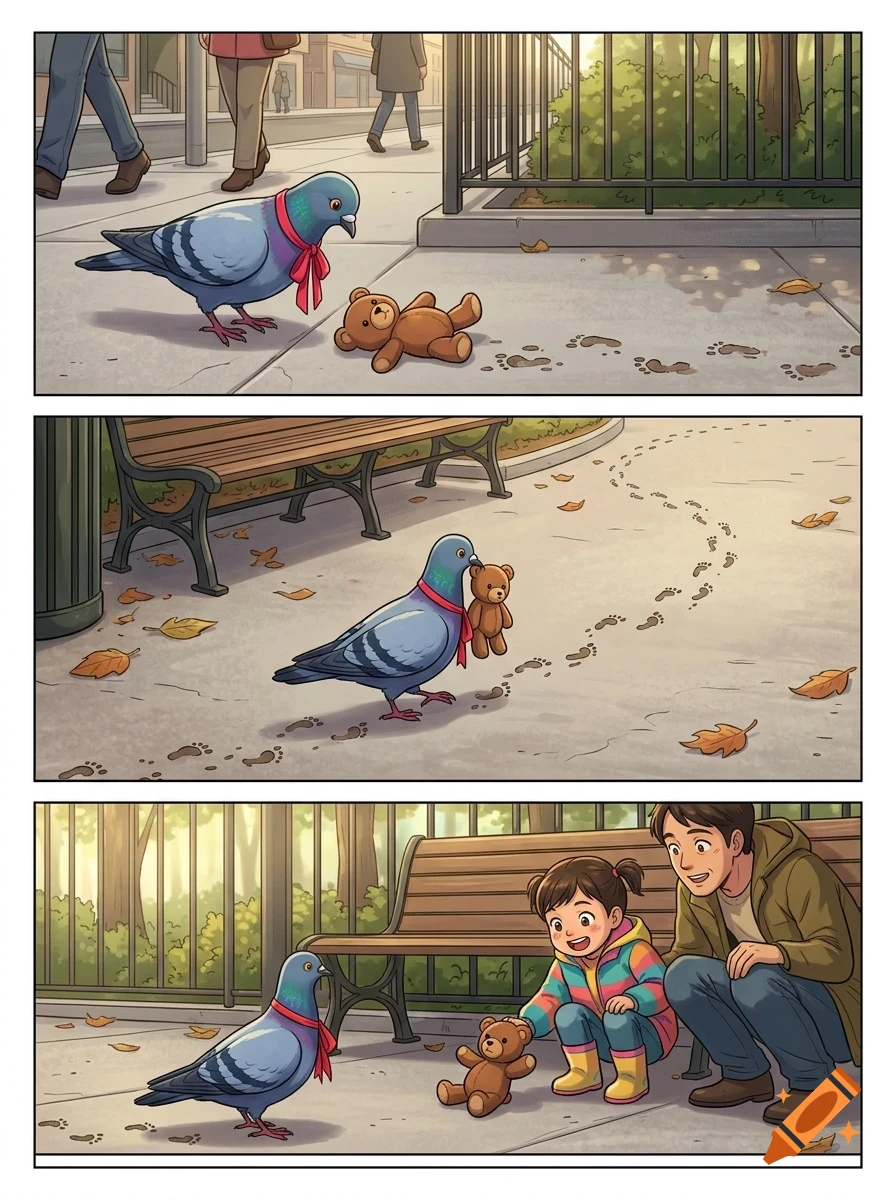 A comic strip showing a pigeon with a red ribbon finding a teddy bear on a sidewalk with tiny footprints, carrying it, and returning it to a smiling child and man in a park.
