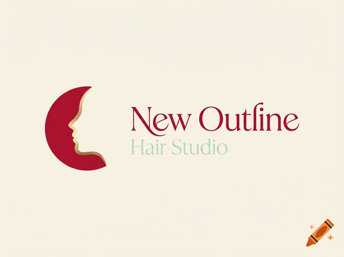 A minimalist logo for New Outline Hair Studio featuring a red crescent shape forming a woman's profile.